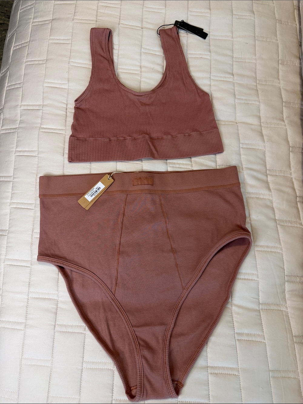 SKIMS Ribbed Scoop Bralette & High-Waist Brief Set - Mauve